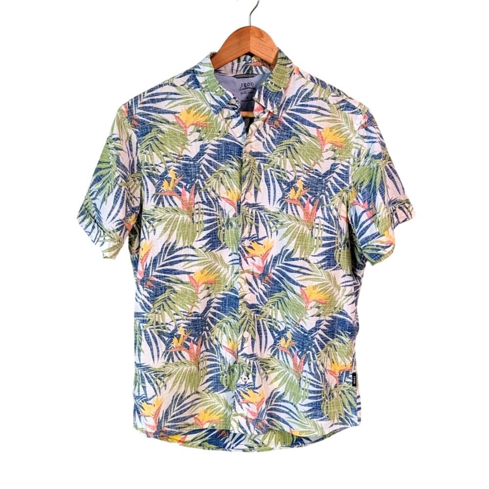 Izod Saltwater Chambray Shirt Mens S Short Sleeve Button Down Tropical Hawaiian